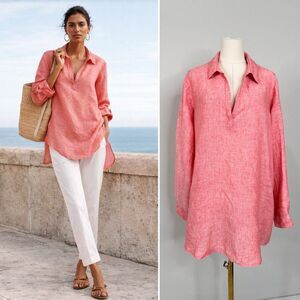 Tahari 100% Linen Roll Tab Tunic Blouse Top 1X Coastal Resort Essential Summer